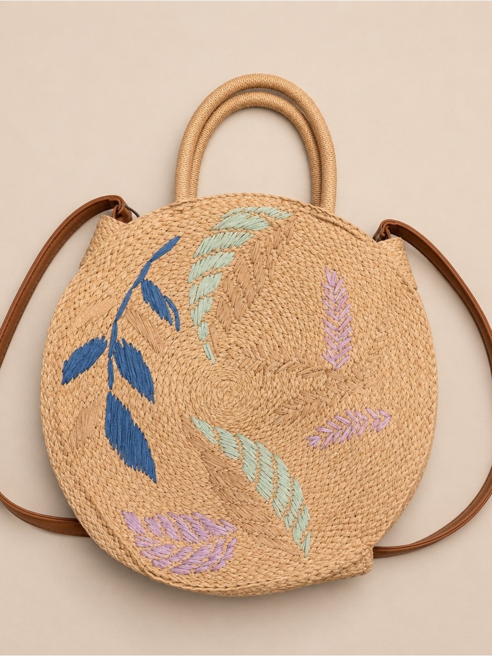 Round Woven Botanical Tote | Embroidered Straw Shoulder Bag | Resort Chic